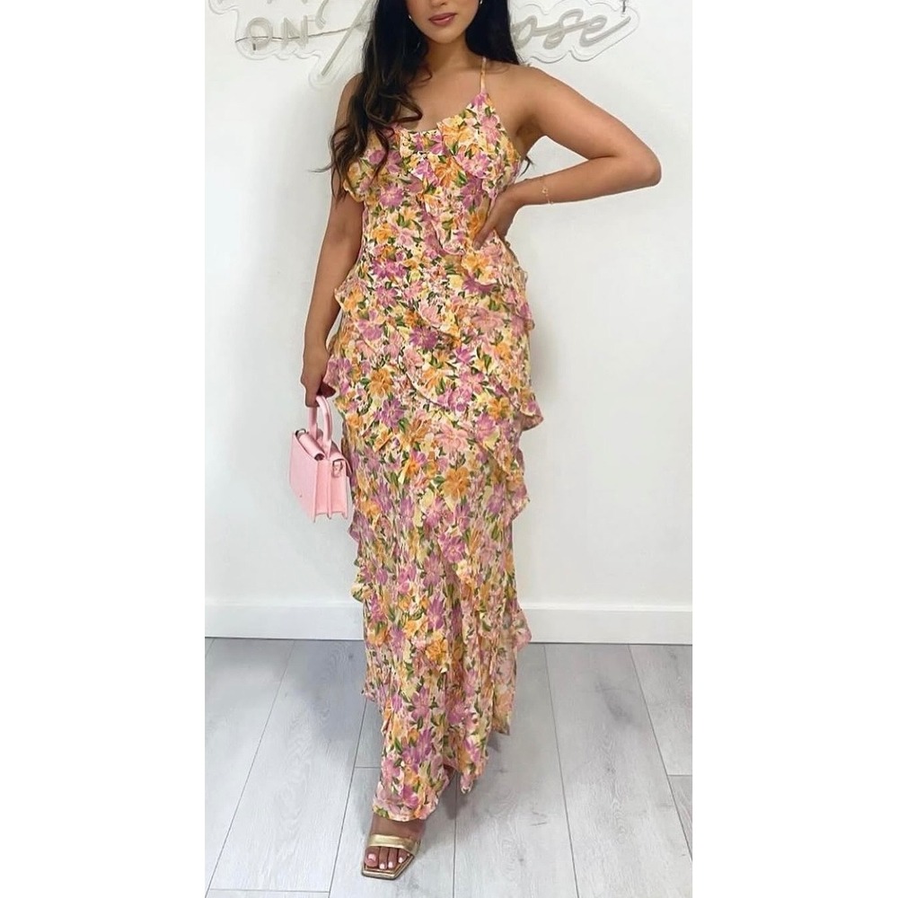 Dress Forum Pink Orange Floral Ruffle Tiered Maxi Dress Lace Up Back Medium